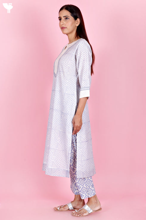 Chanderi Silk Kurta Pant Set With Dupatta Block Print